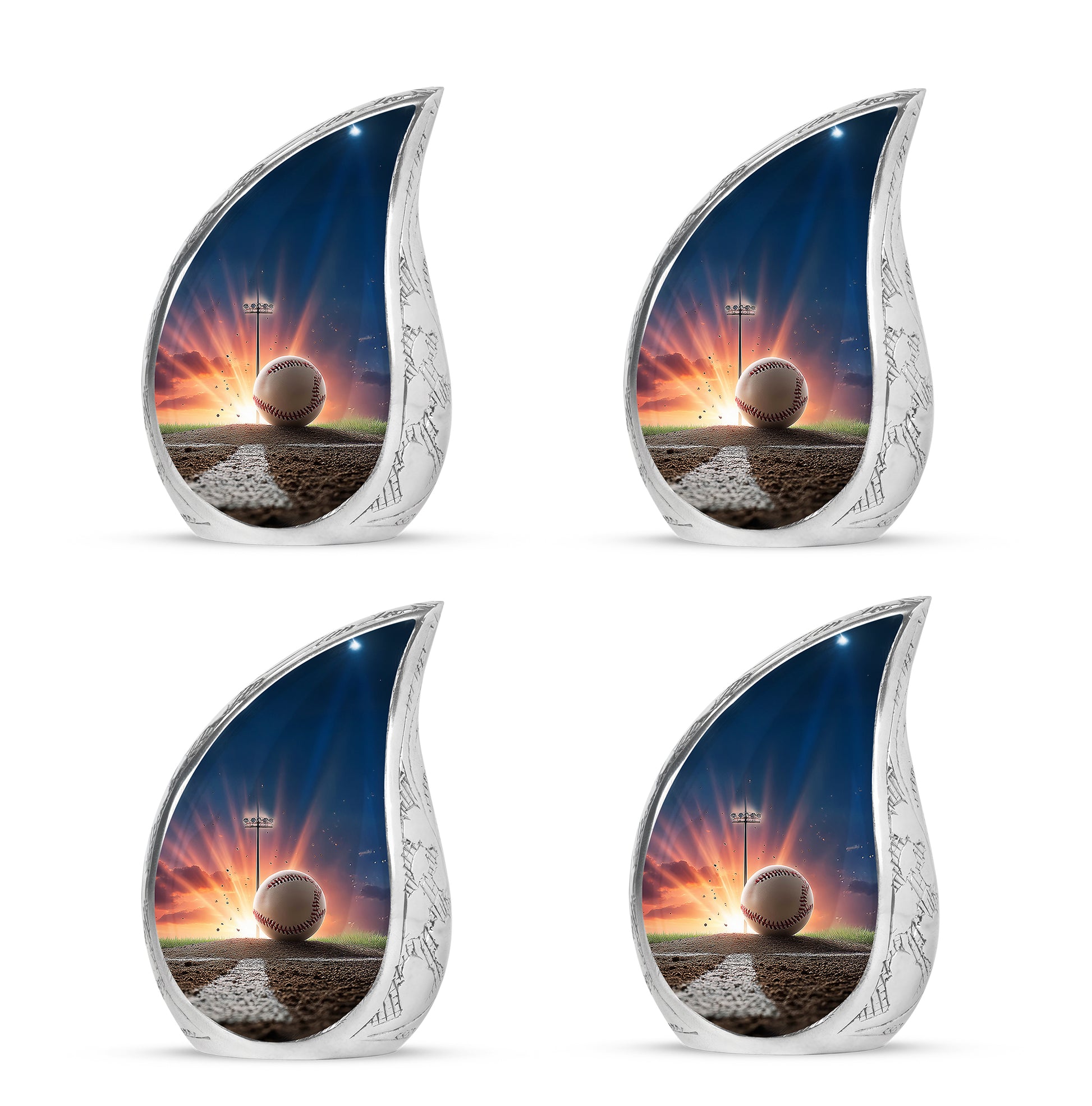 Dusty Blue Baseball Cremation Urn close-up of engraving and surface detail - flowing teardrop baseball silhouette on curved aluminum - 10 inch aluminum urn for cremated remains