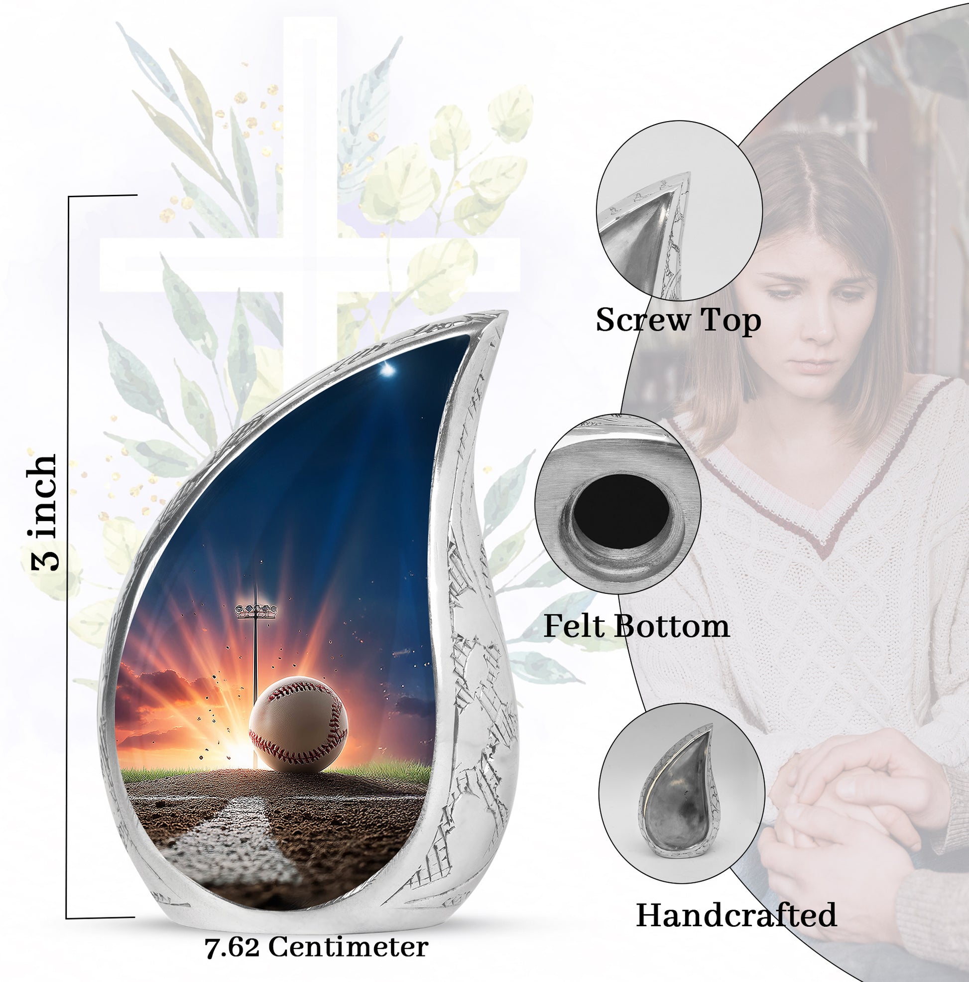 Twilight Blue Baseball Cremation Urn angled view of lid and engraved motif - smooth teardrop contour featuring baseball art - mini keepsake memorial for portion of cremation ashes