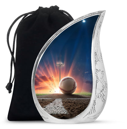 Powder Blue Baseball Cremation Urn front view showing detailed design - rounded teardrop baseball design with delicate detail - full-size 10 inch 200 cubic inch adult cremation urn