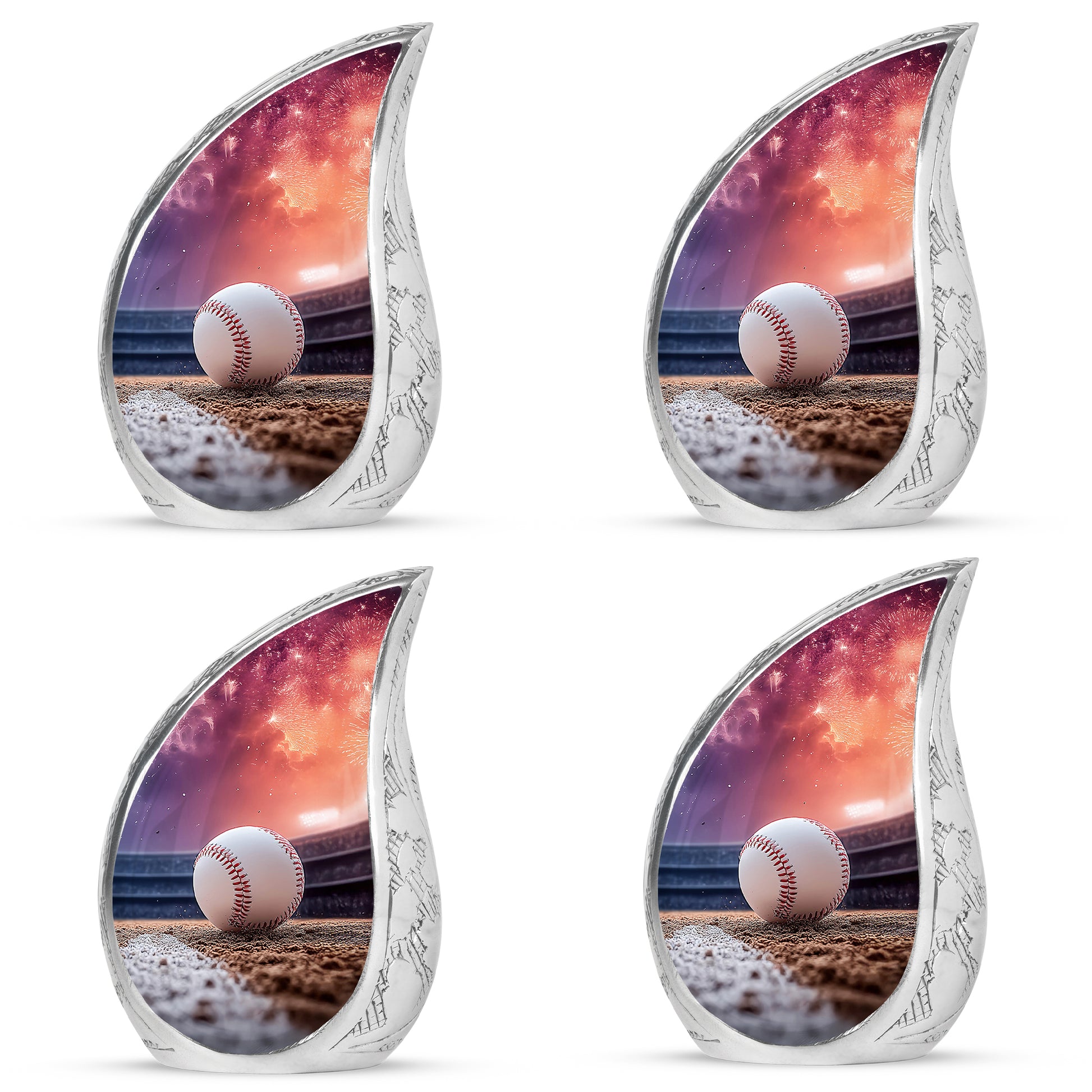 Grape Purple Baseball Cremation Urn close-up of engraving and surface detail - smooth teardrop contour featuring baseball art - 10 inch aluminum urn for cremated remains