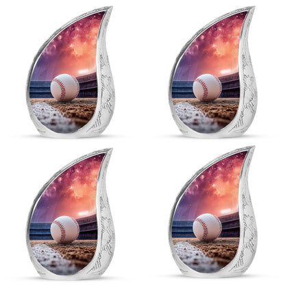 Grape Purple Baseball Cremation Urn close-up of engraving and surface detail - smooth teardrop contour featuring baseball art - 10 inch aluminum urn for cremated remains