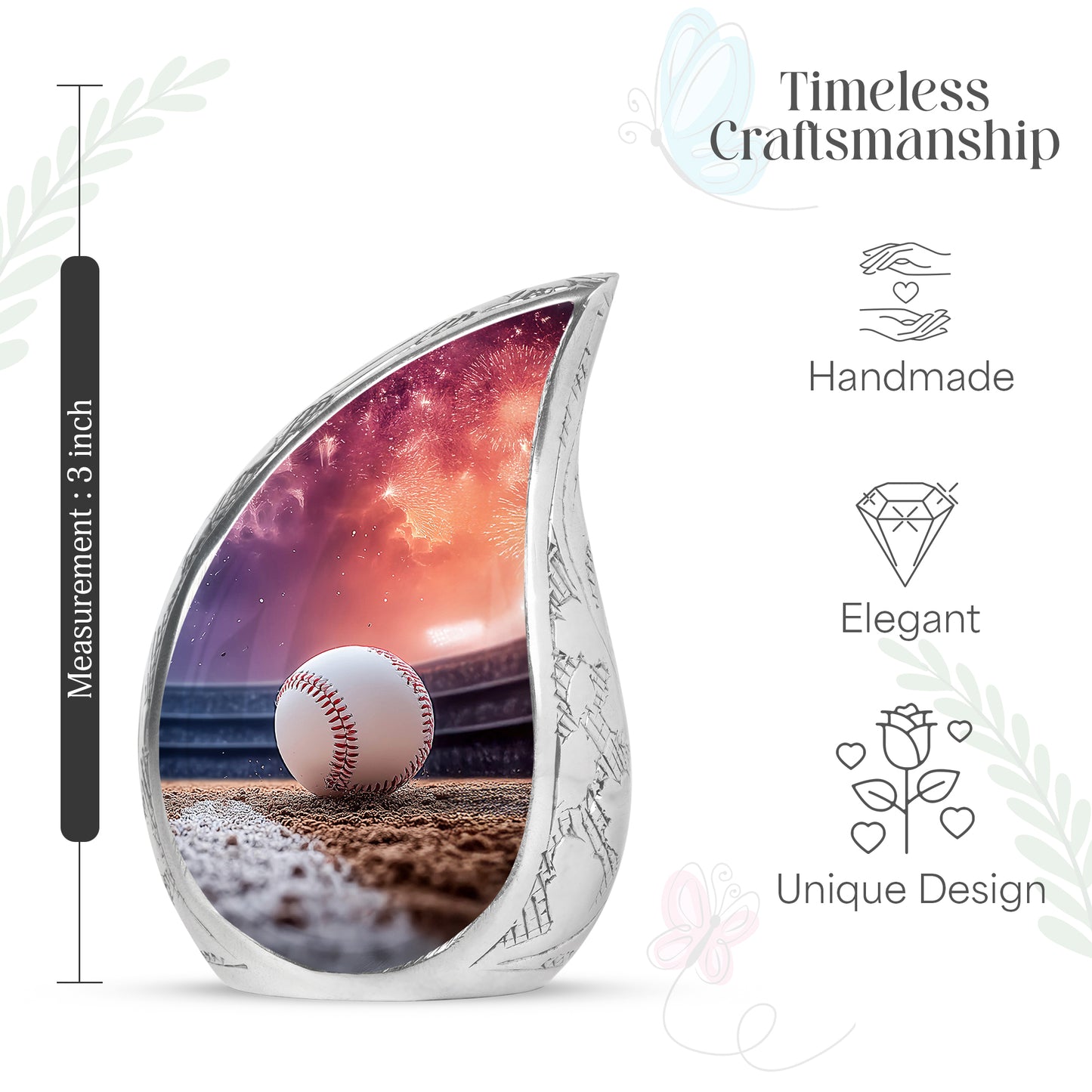 Plum Purple Baseball Cremation Urn angled view of lid and engraved motif - rounded teardrop baseball design with delicate detail - mini keepsake memorial for portion of cremation ashes