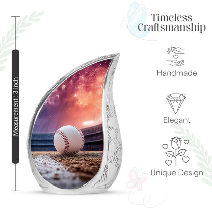 Plum Purple Baseball Cremation Urn angled view of lid and engraved motif - rounded teardrop baseball design with delicate detail - mini keepsake memorial for portion of cremation ashes