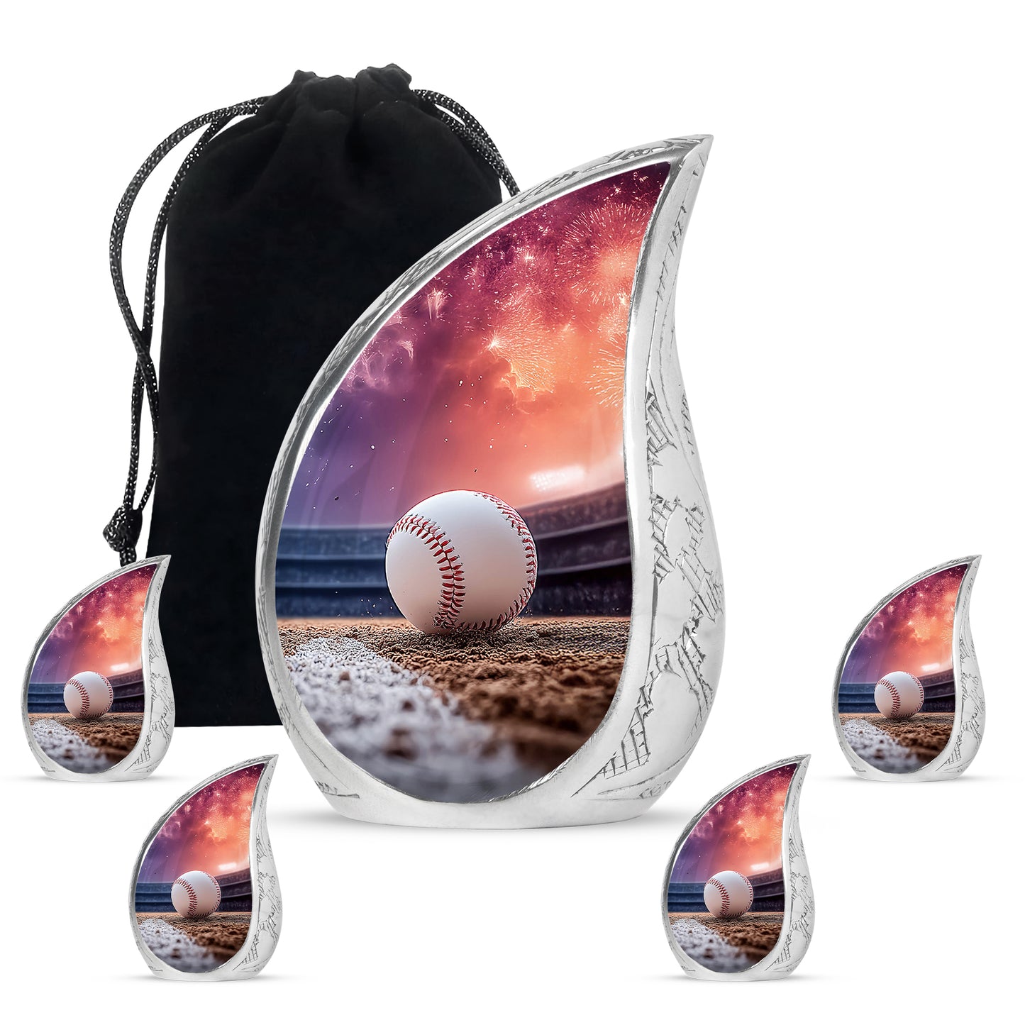 Orchid Purple Baseball Cremation Urn side profile showing urn shape - flowing teardrop baseball silhouette on curved aluminum - memorial set with one large and four small urns