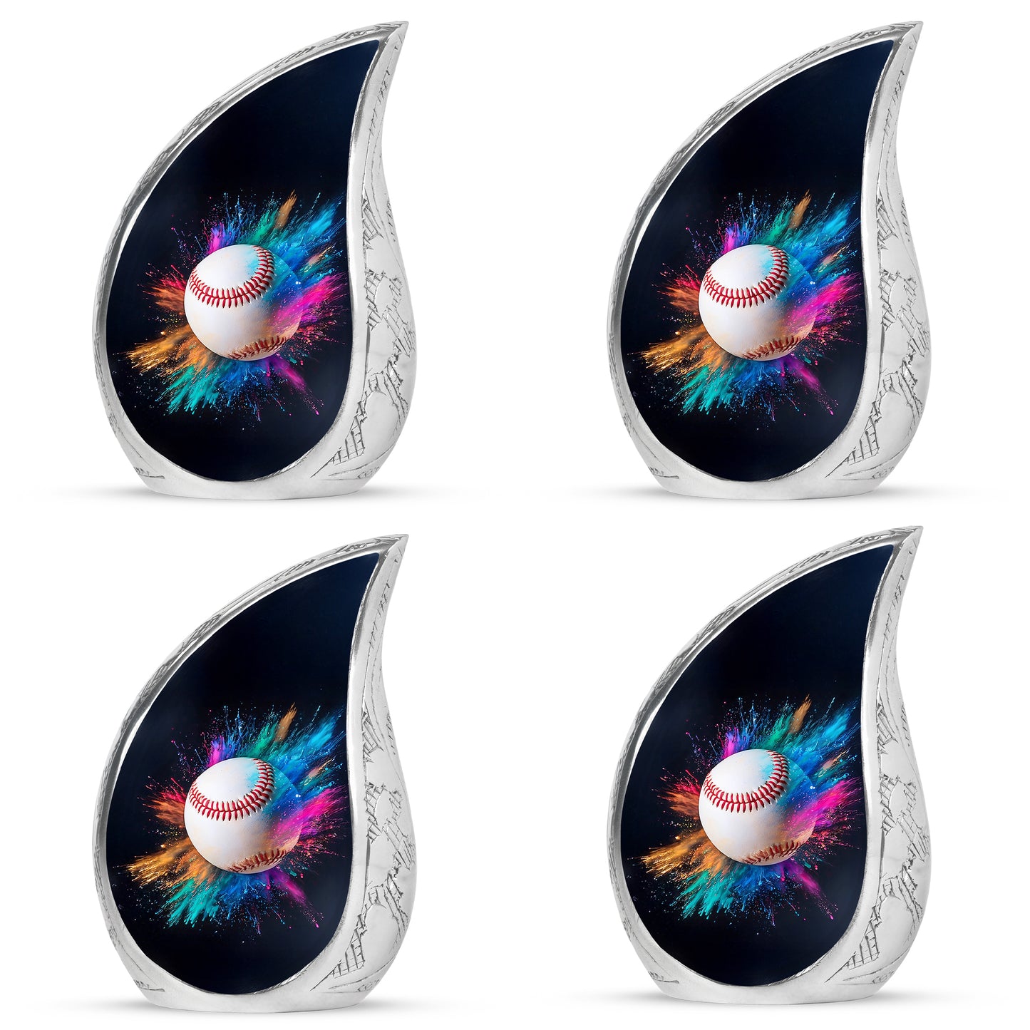 Ebony Baseball Cremation Urn close-up of engraving and surface detail - flowing teardrop baseball silhouette on curved aluminum - 10 inch aluminum urn for cremated remains