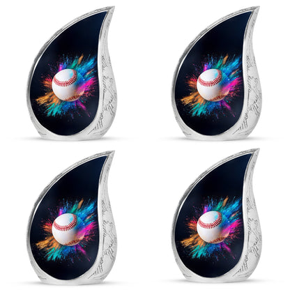 Ebony Baseball Cremation Urn close-up of engraving and surface detail - flowing teardrop baseball silhouette on curved aluminum - 10 inch aluminum urn for cremated remains