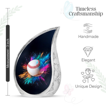 Onyx Black Baseball Cremation Urn angled view of lid and engraved motif - smooth teardrop contour featuring baseball art - mini keepsake memorial for portion of cremation ashes