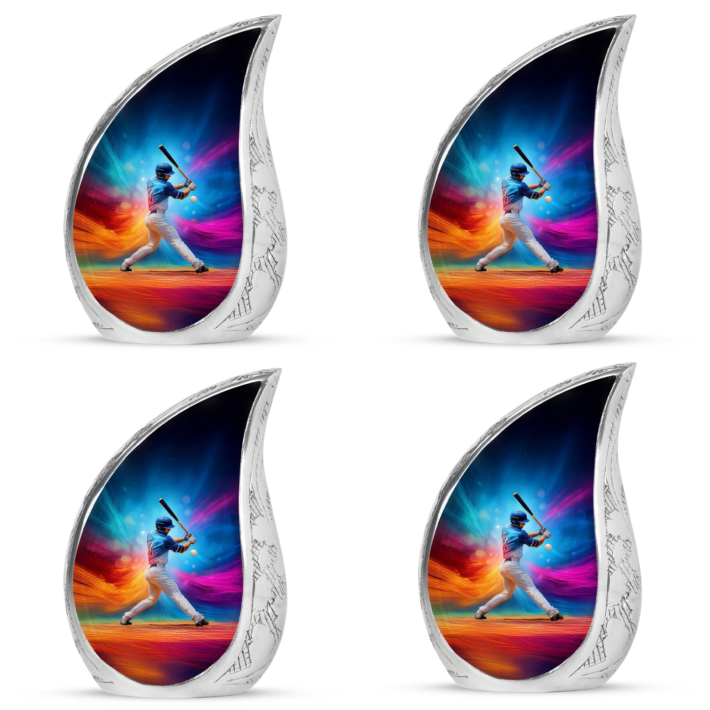 Azure Baseball Cremation Urn close-up of engraving and surface detail - flowing teardrop baseball silhouette on curved aluminum - 10 inch aluminum urn for cremated remains