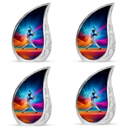 Azure Baseball Cremation Urn close-up of engraving and surface detail - flowing teardrop baseball silhouette on curved aluminum - 10 inch aluminum urn for cremated remains