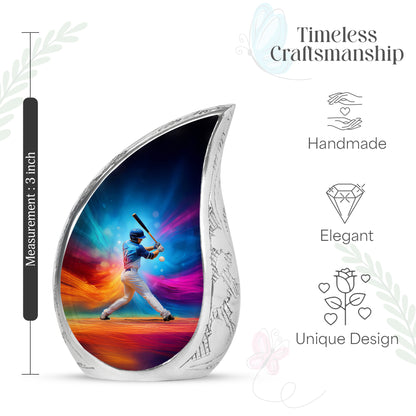 Powder Blue Baseball Cremation Urn angled view of lid and engraved motif - flowing teardrop baseball silhouette on curved aluminum - mini keepsake memorial for portion of cremation ashes