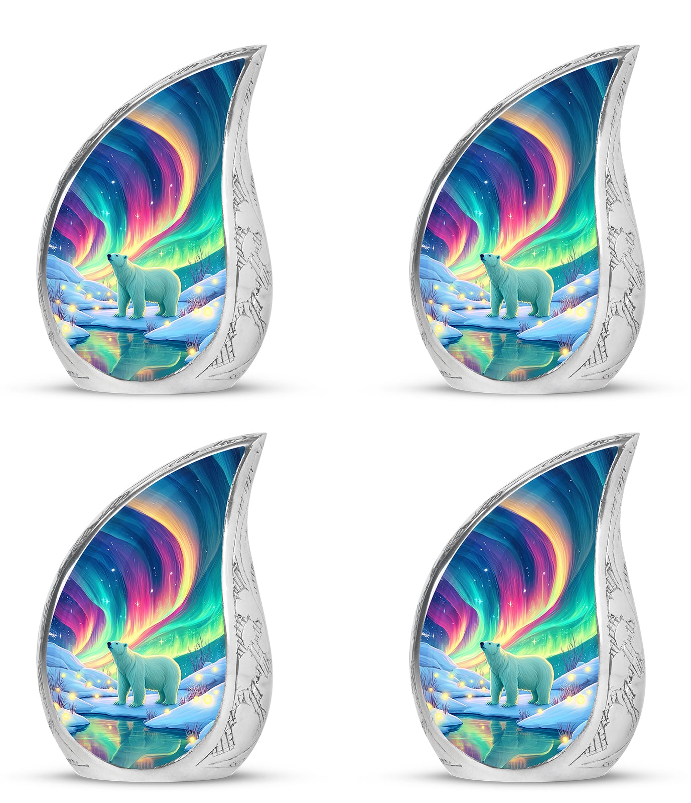 Tropical Teal Bear Cremation Urn close-up of engraving and surface detail - graceful tear-shaped urn with bear motif - 10 inch aluminum urn for cremated remains