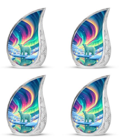 Tropical Teal Bear Cremation Urn close-up of engraving and surface detail - graceful tear-shaped urn with bear motif - 10 inch aluminum urn for cremated remains