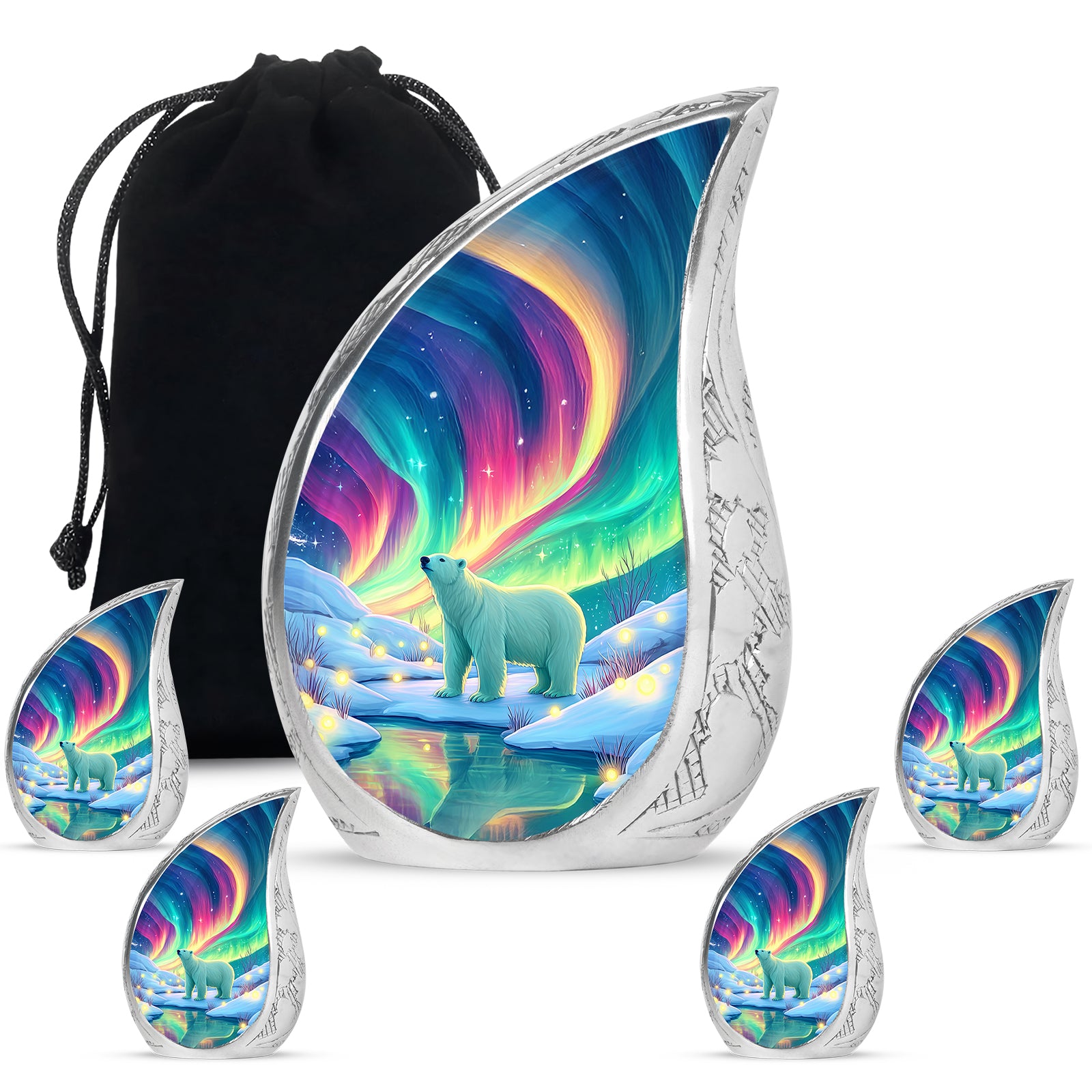 Aqua Teal Bear Cremation Urn side profile showing urn shape - smooth teardrop contour featuring bear art - memorial set with one large and four small urns
