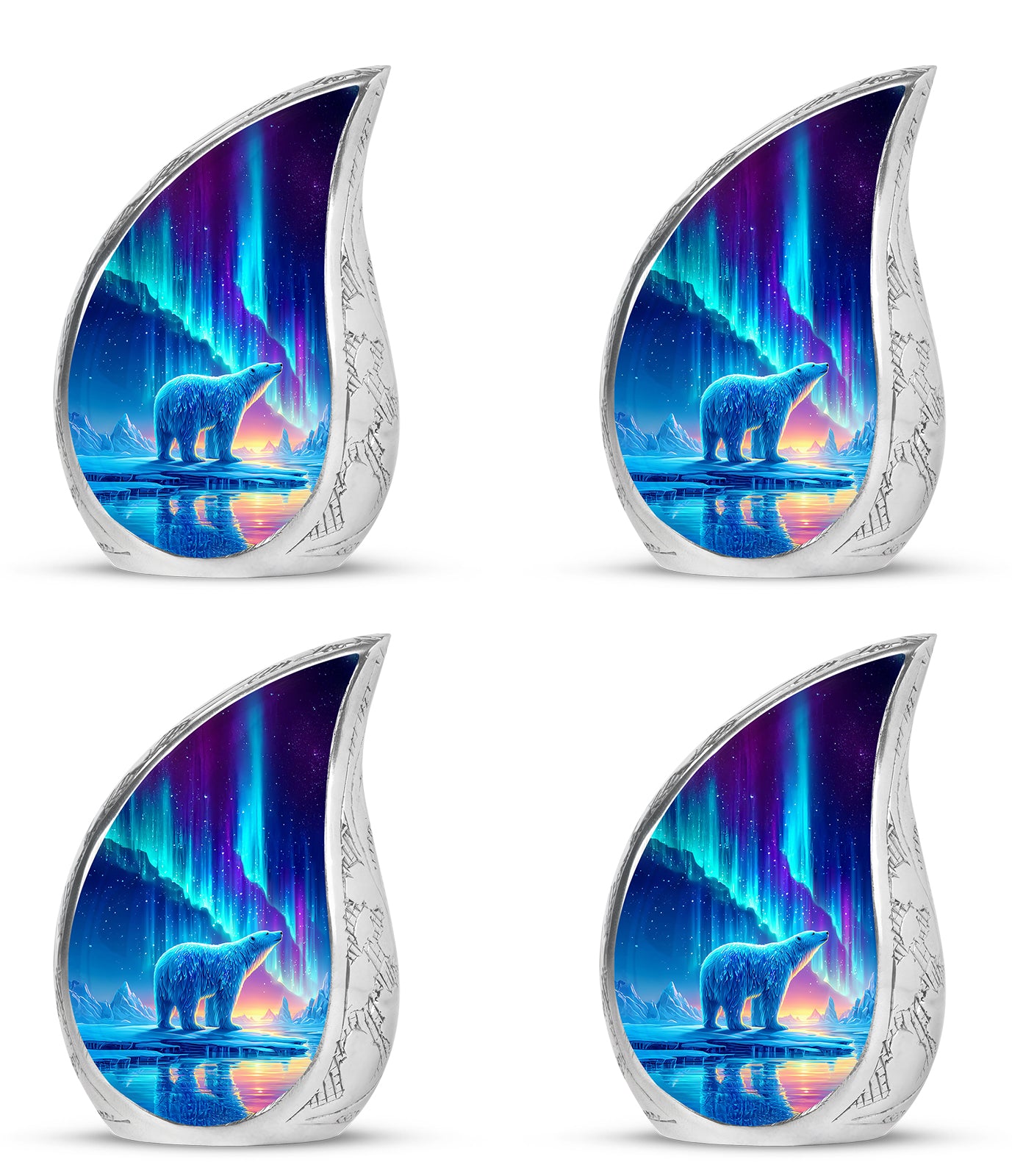 Misty Blue Bear Cremation Urn close-up of engraving and surface detail - rounded teardrop bear design with delicate detail - 10 inch aluminum urn for cremated remains
