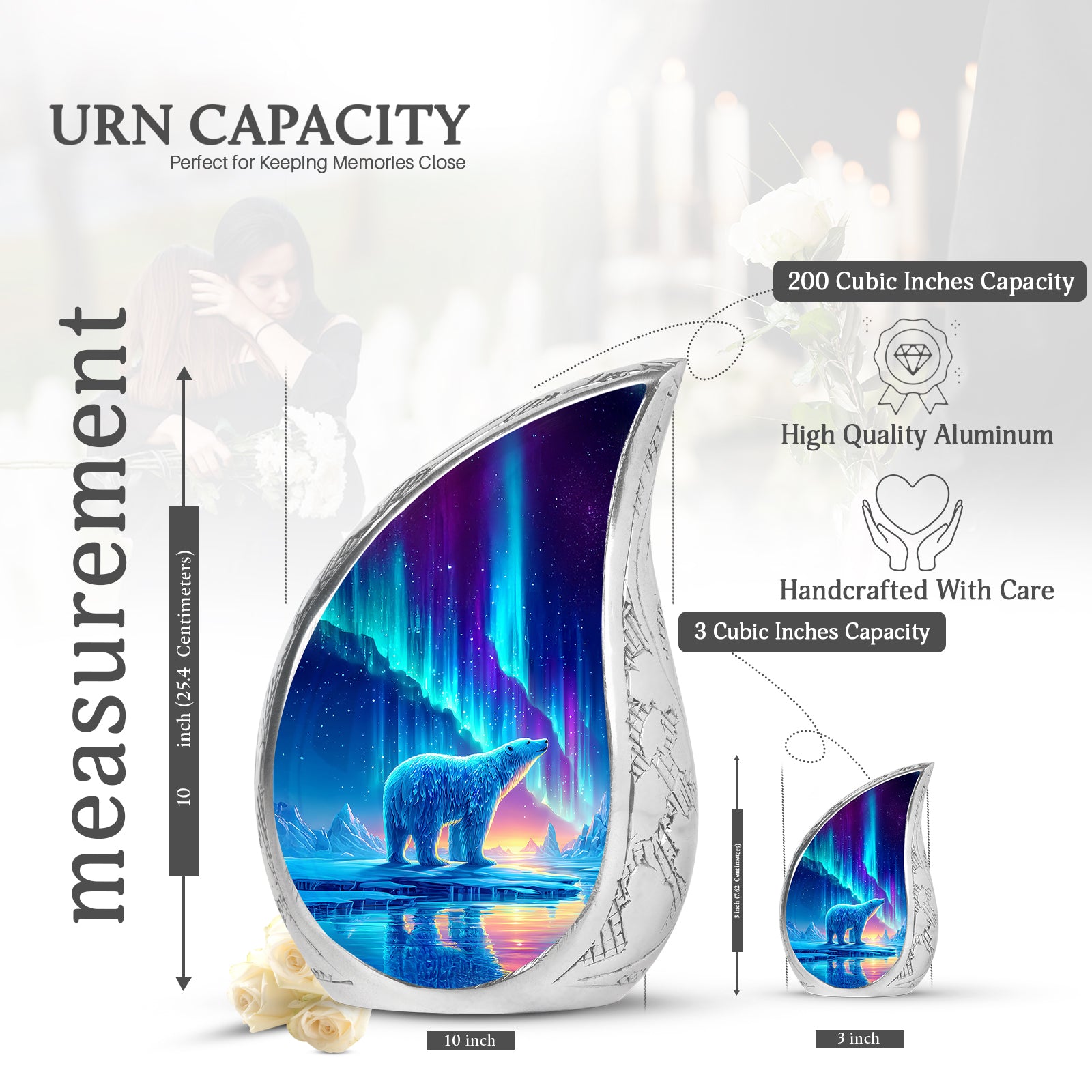 Pastel Blue Bear Cremation Urn angled view of lid and engraved motif - flowing teardrop bear silhouette on curved aluminum - mini keepsake memorial for portion of cremation ashes