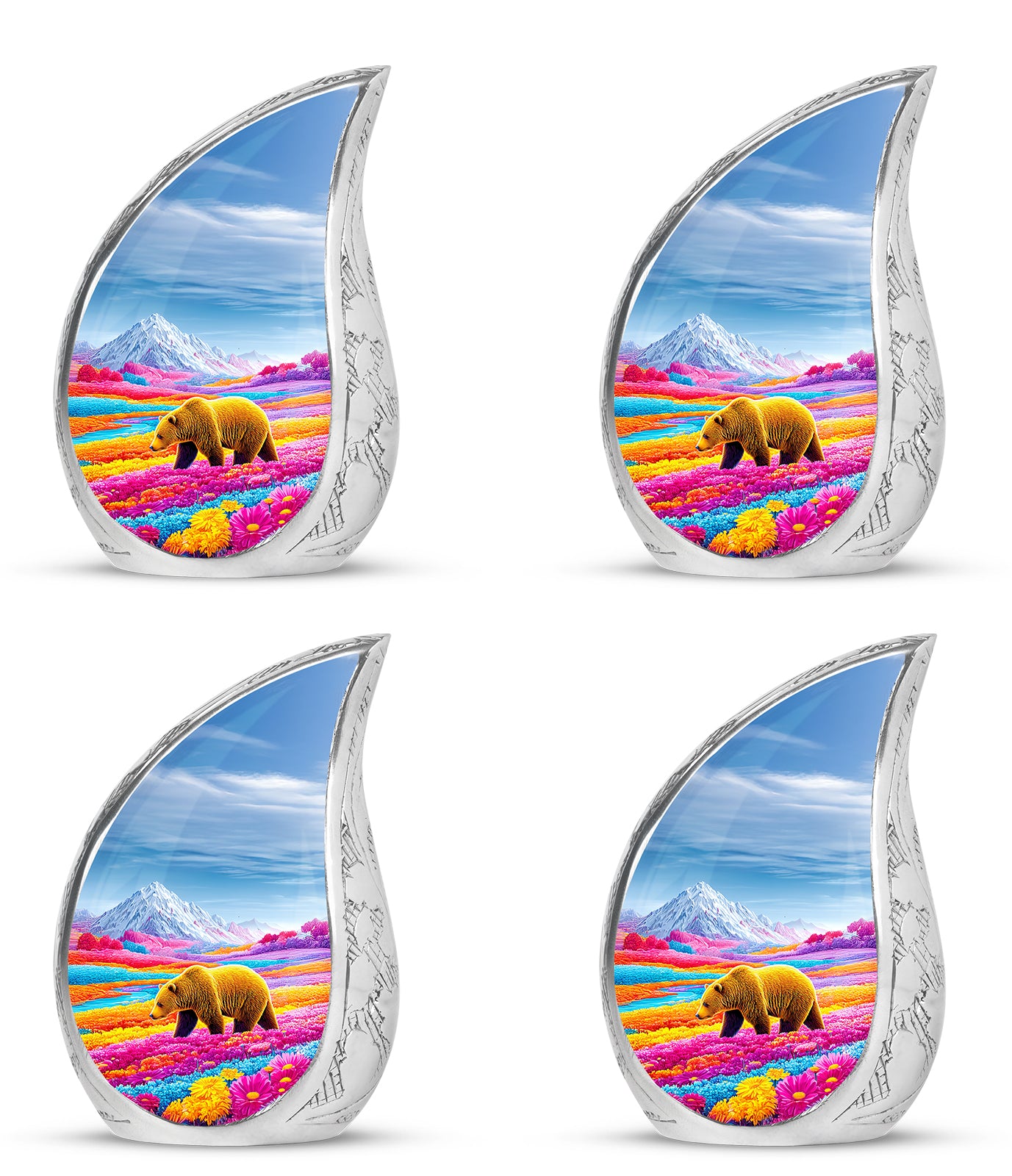 Sky Blue Bear Cremation Urn close-up of engraving and surface detail - flowing teardrop bear silhouette on curved aluminum - 10 inch aluminum urn for cremated remains
