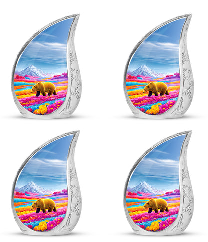 Sky Blue Bear Cremation Urn close-up of engraving and surface detail - flowing teardrop bear silhouette on curved aluminum - 10 inch aluminum urn for cremated remains