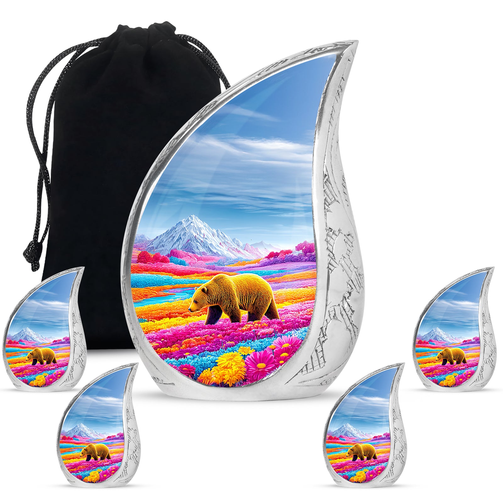 Cobalt Blue Bear Cremation Urn side profile showing urn shape - smooth teardrop contour featuring bear art - memorial set with one large and four small urns