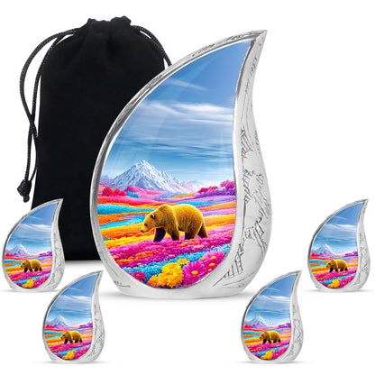 Cobalt Blue Bear Cremation Urn side profile showing urn shape - smooth teardrop contour featuring bear art - memorial set with one large and four small urns