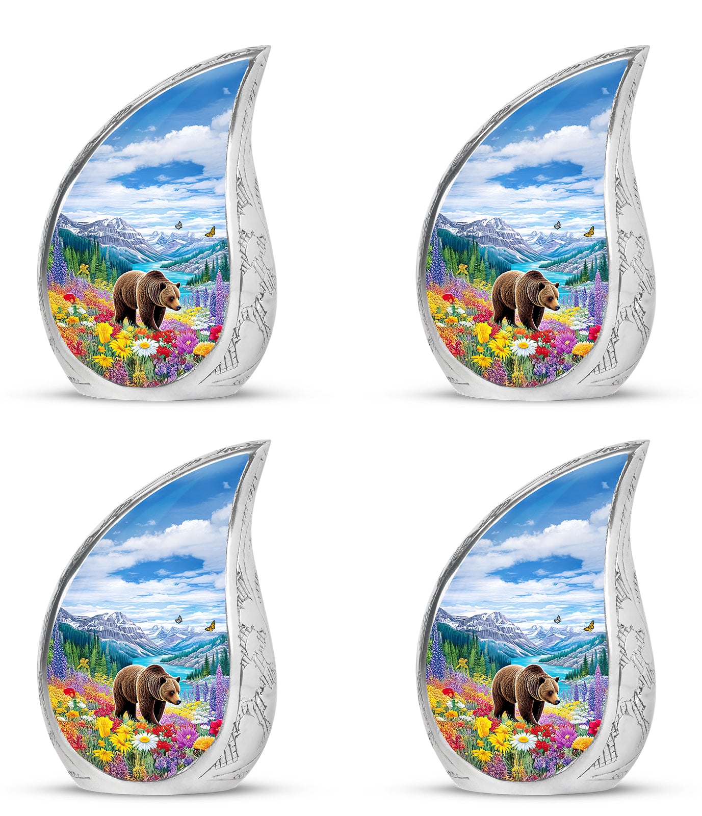 Sky Blue Bear Cremation Urn close-up of engraving and surface detail - flowing teardrop bear silhouette on curved aluminum - 10 inch aluminum urn for cremated remains