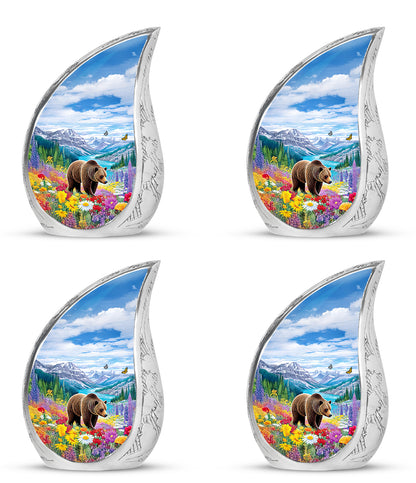 Sky Blue Bear Cremation Urn close-up of engraving and surface detail - flowing teardrop bear silhouette on curved aluminum - 10 inch aluminum urn for cremated remains
