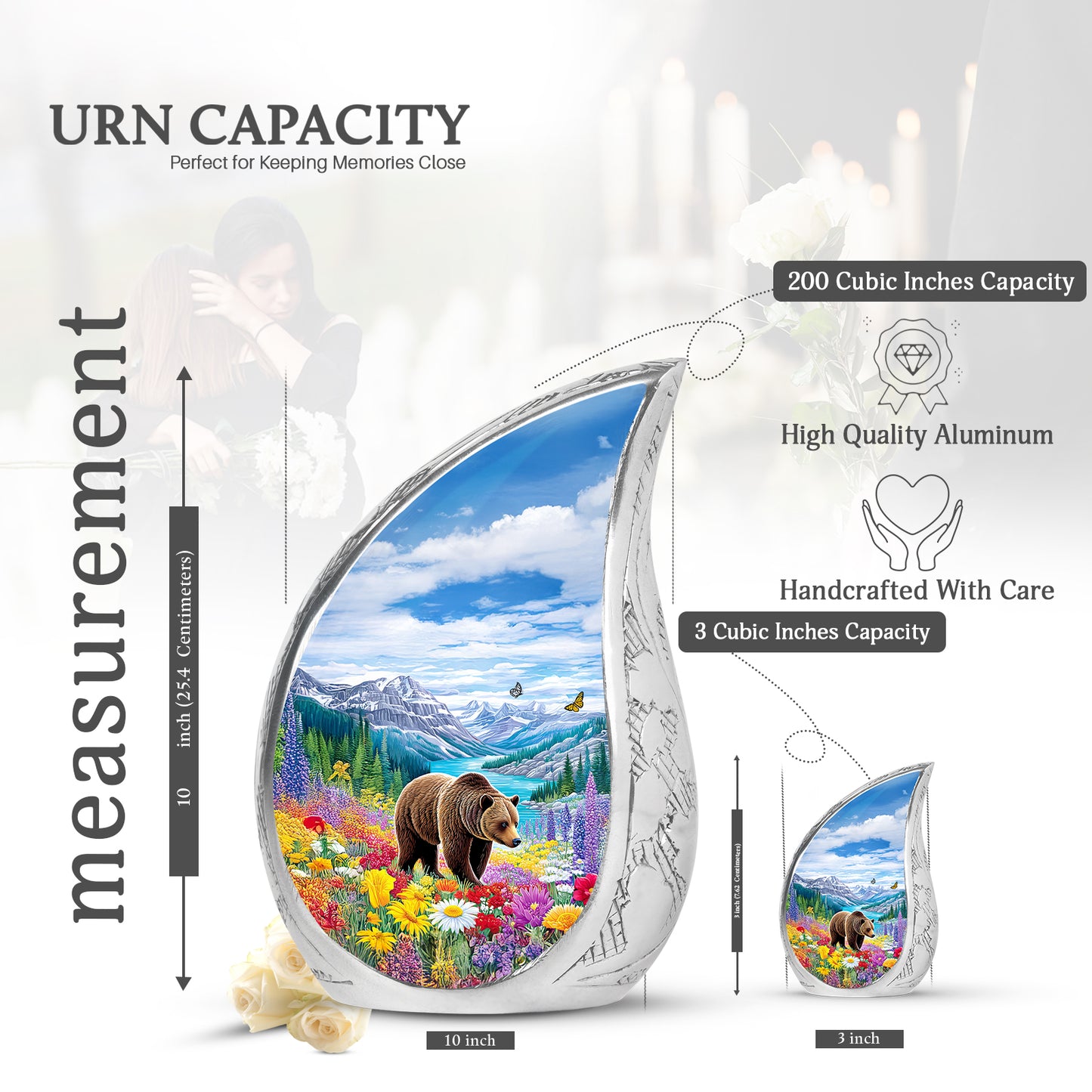 Sapphire Blue Bear Cremation Urn angled view of lid and engraved motif - smooth teardrop contour featuring bear art - mini keepsake memorial for portion of cremation ashes