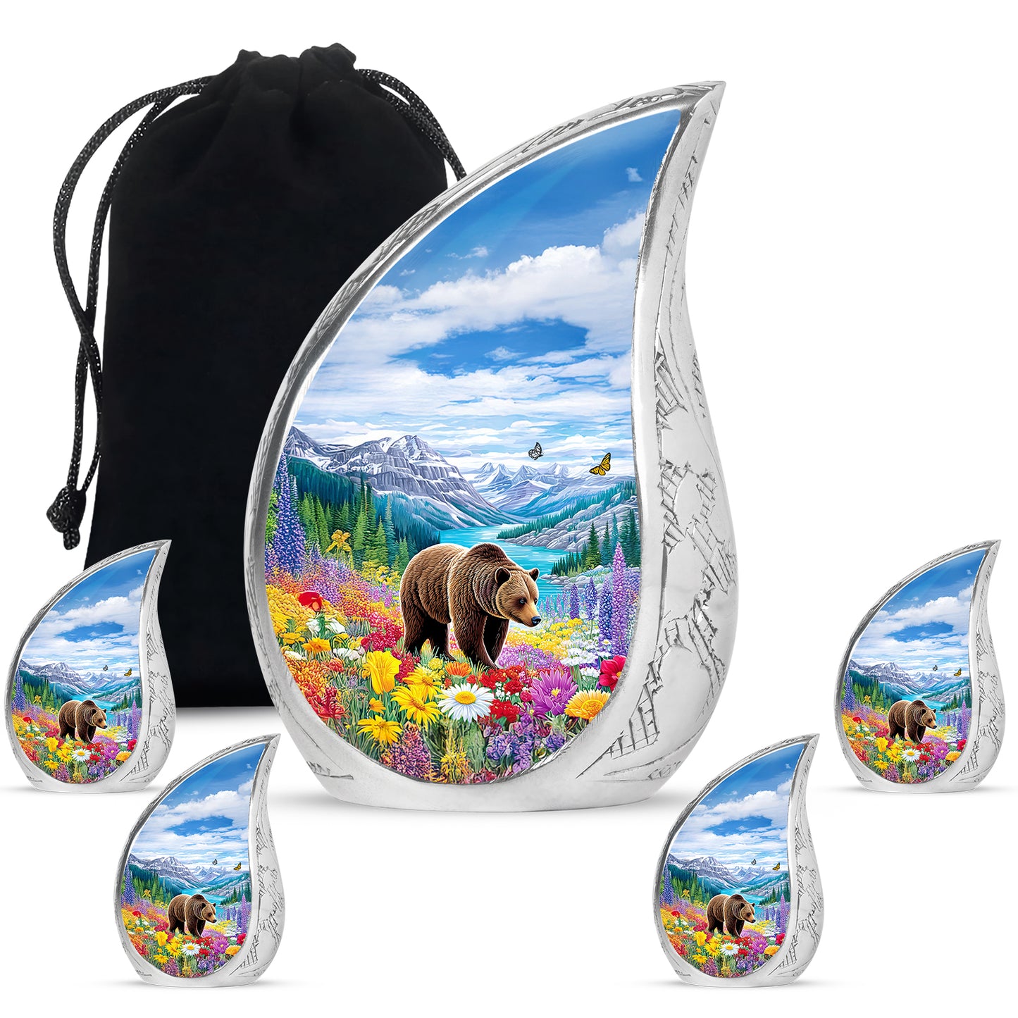 Twilight Blue Bear Cremation Urn side profile showing urn shape - graceful tear-shaped urn with bear motif - memorial set with one large and four small urns