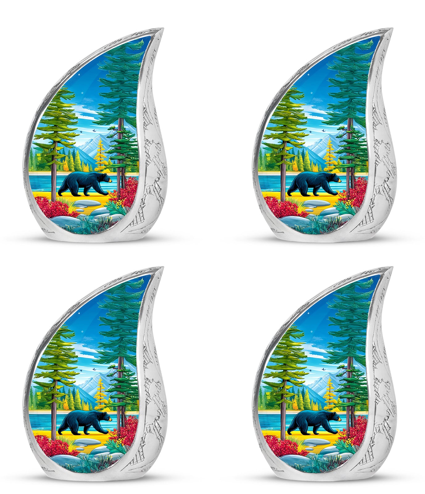Celestial Blue Bear Cremation Urn close-up of engraving and surface detail - flowing teardrop bear silhouette on curved aluminum - 10 inch aluminum urn for cremated remains
