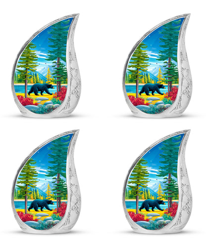 Celestial Blue Bear Cremation Urn close-up of engraving and surface detail - flowing teardrop bear silhouette on curved aluminum - 10 inch aluminum urn for cremated remains