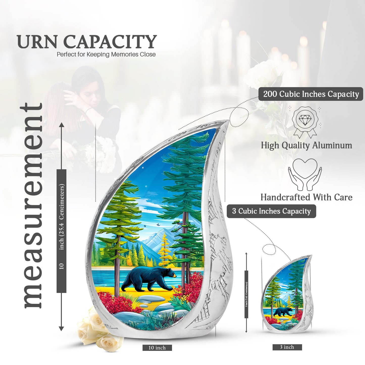 Cobalt Blue Bear Cremation Urn angled view of lid and engraved motif - smooth teardrop contour featuring bear art - mini keepsake memorial for portion of cremation ashes