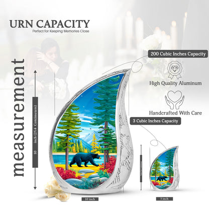 Cobalt Blue Bear Cremation Urn angled view of lid and engraved motif - smooth teardrop contour featuring bear art - mini keepsake memorial for portion of cremation ashes