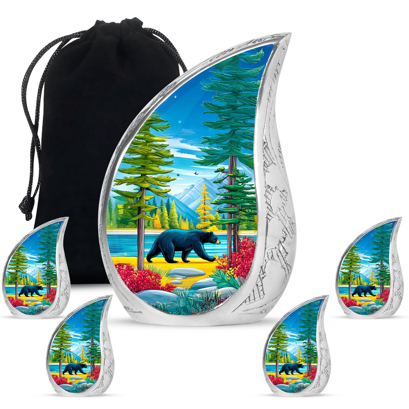 Azure Bear Cremation Urn side profile showing urn shape - rounded teardrop bear design with delicate detail - memorial set with one large and four small urns