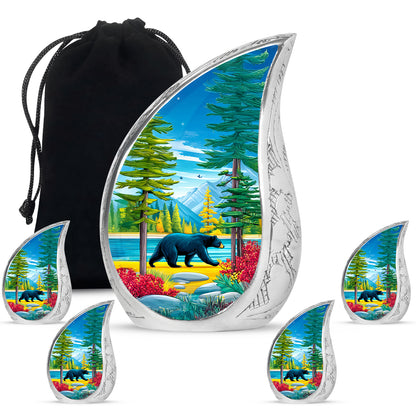 Azure Bear Cremation Urn side profile showing urn shape - rounded teardrop bear design with delicate detail - memorial set with one large and four small urns