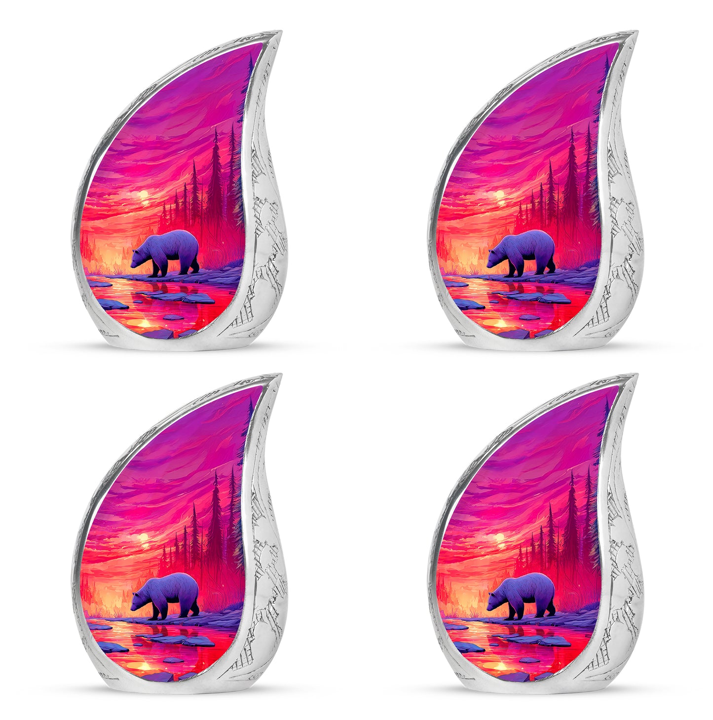Salmon Pink Bear Cremation Urn close-up of engraving and surface detail - smooth teardrop contour featuring bear art - 10 inch aluminum urn for cremated remains