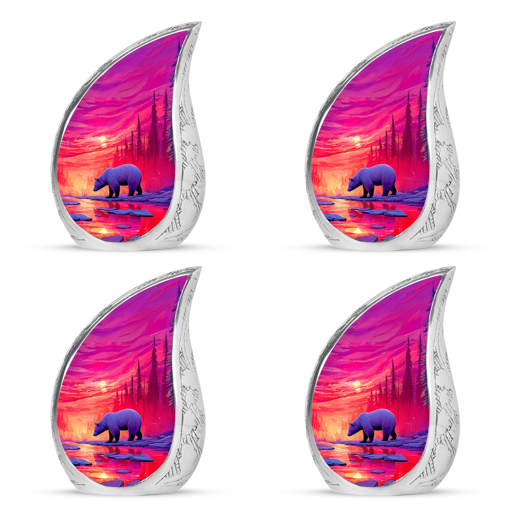 Salmon Pink Bear Cremation Urn close-up of engraving and surface detail - smooth teardrop contour featuring bear art - 10 inch aluminum urn for cremated remains