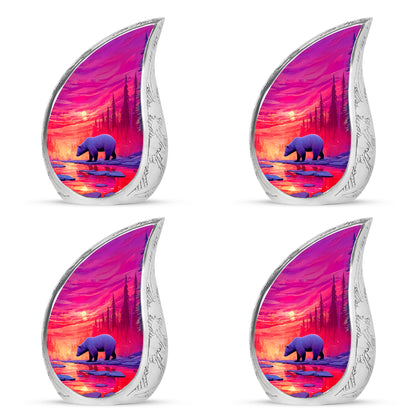 Salmon Pink Bear Cremation Urn close-up of engraving and surface detail - smooth teardrop contour featuring bear art - 10 inch aluminum urn for cremated remains