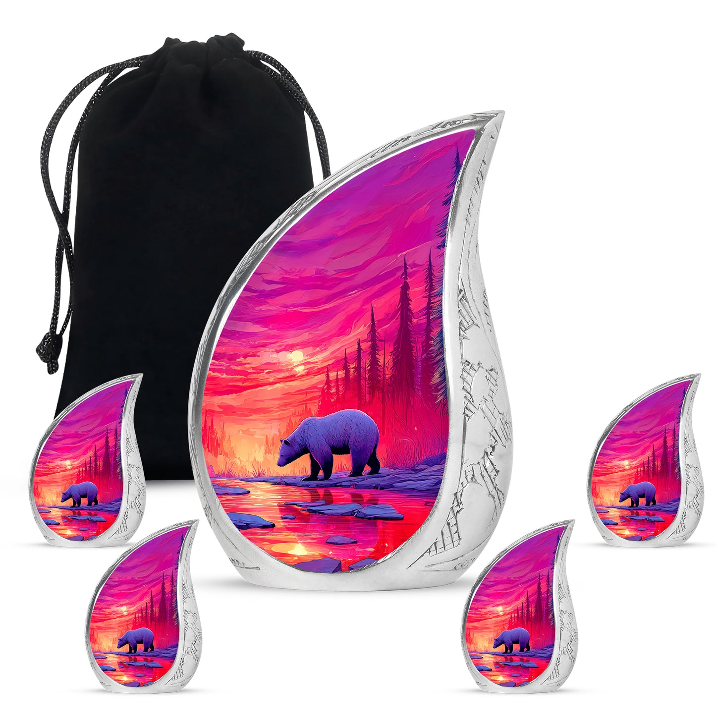 Rose Pink Bear Cremation Urn side profile showing urn shape - rounded teardrop bear design with delicate detail - memorial set with one large and four small urns
