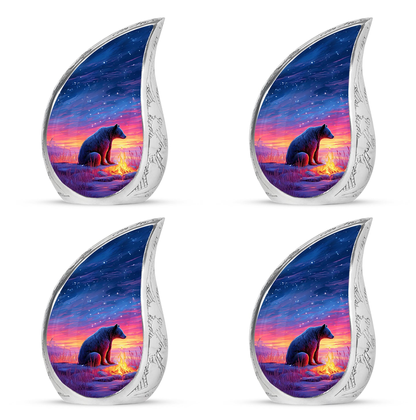 Soft Blue Bear Cremation Urn close-up of engraving and surface detail - smooth teardrop contour featuring bear art - 10 inch aluminum urn for cremated remains
