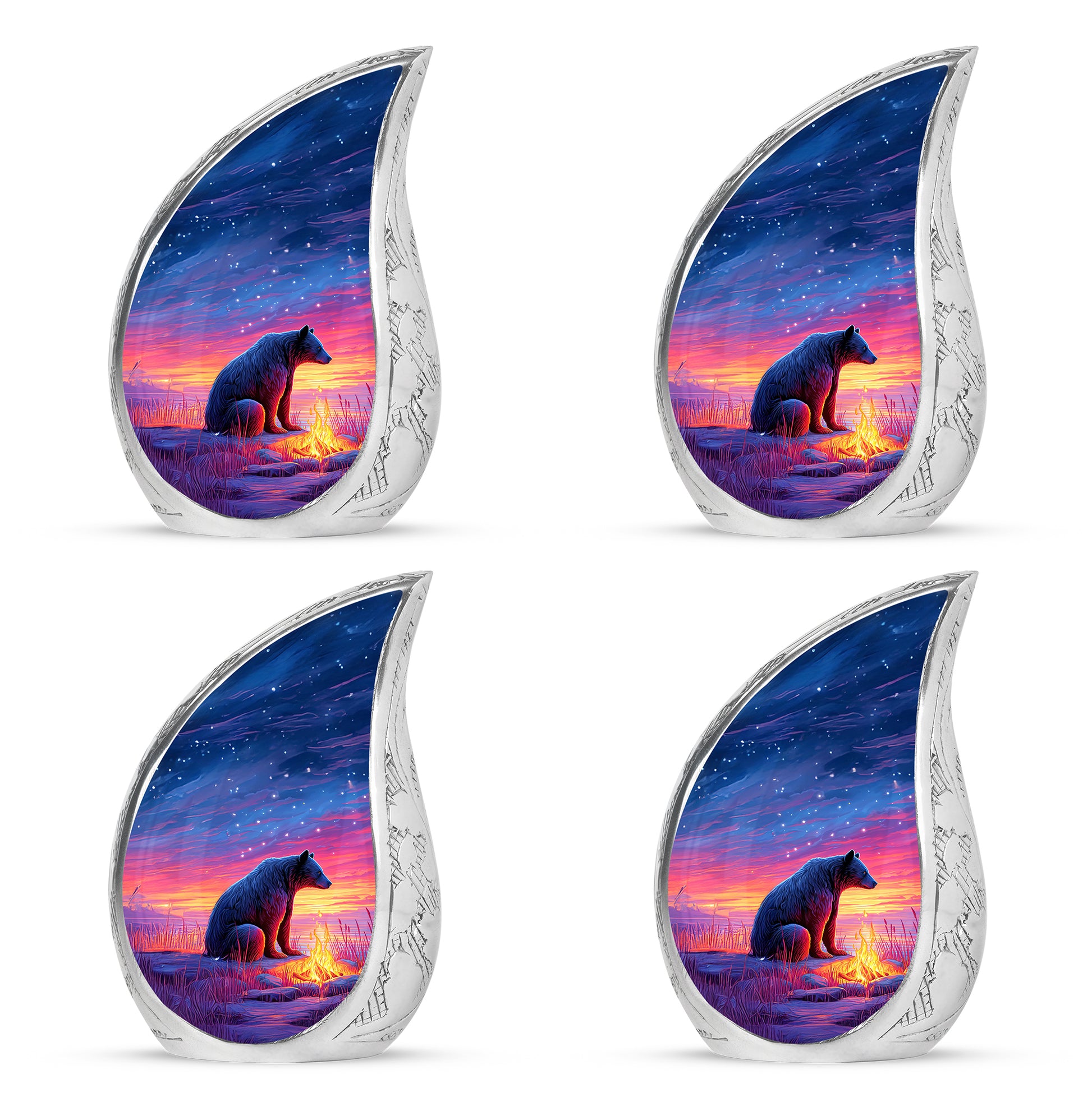 Soft Blue Bear Cremation Urn close-up of engraving and surface detail - smooth teardrop contour featuring bear art - 10 inch aluminum urn for cremated remains
