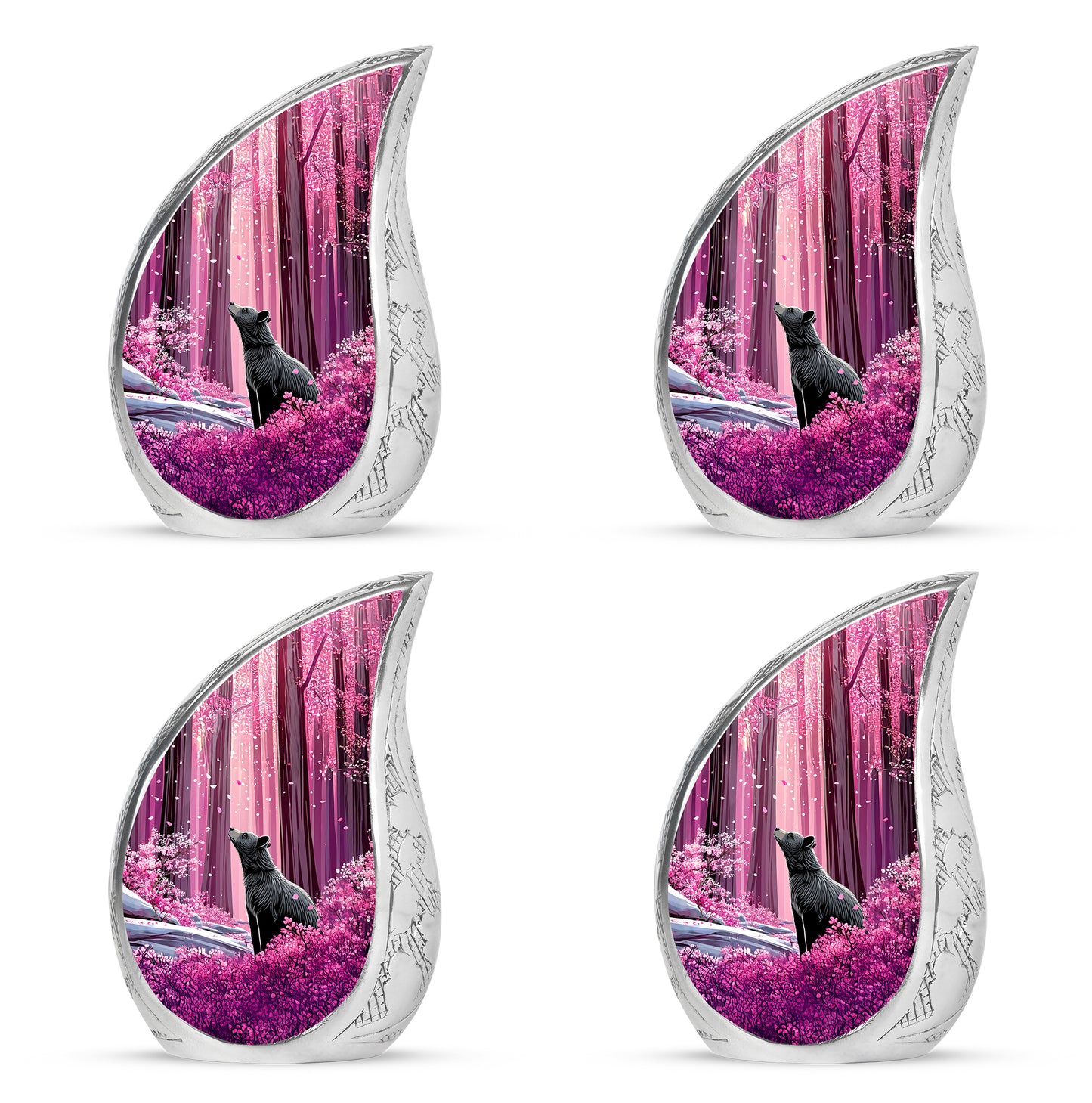 Soft Pink Bear Cremation Urn close-up of engraving and surface detail - smooth teardrop contour featuring bear art - 10 inch aluminum urn for cremated remains