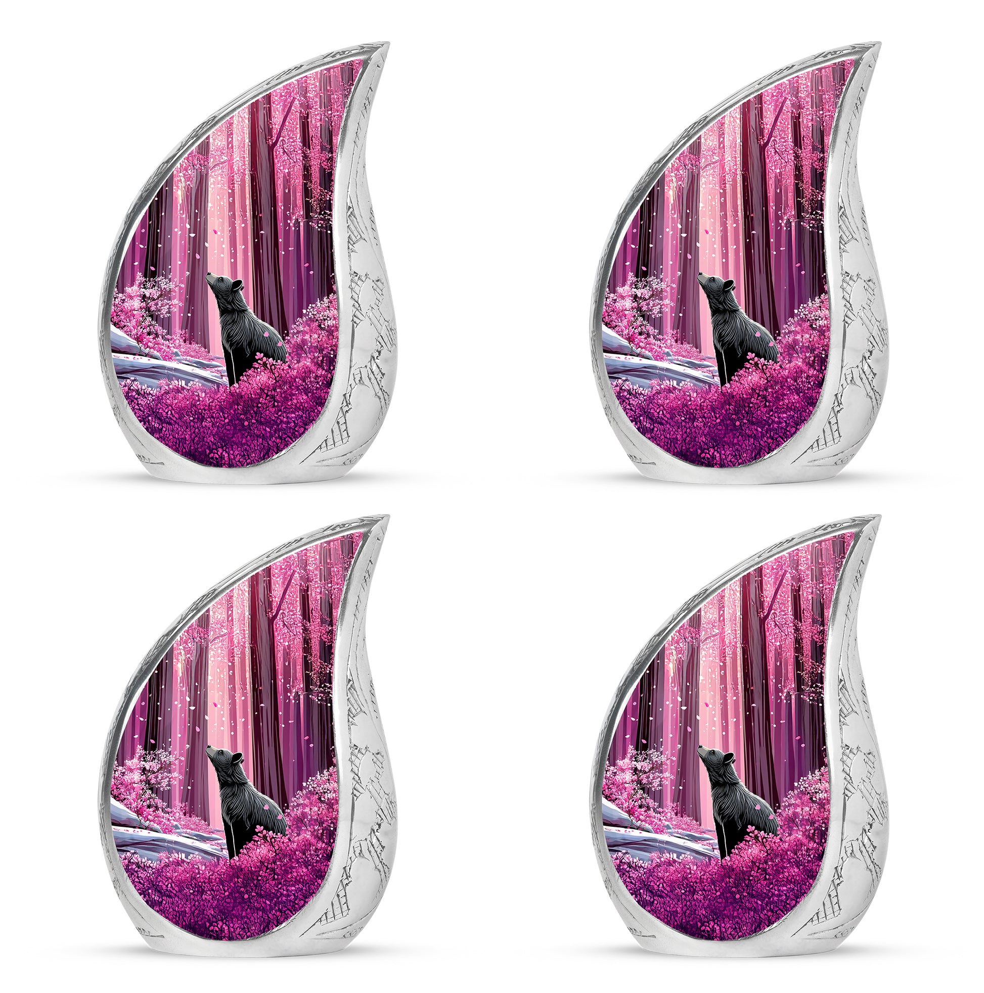 Soft Pink Bear Cremation Urn close-up of engraving and surface detail - smooth teardrop contour featuring bear art - 10 inch aluminum urn for cremated remains