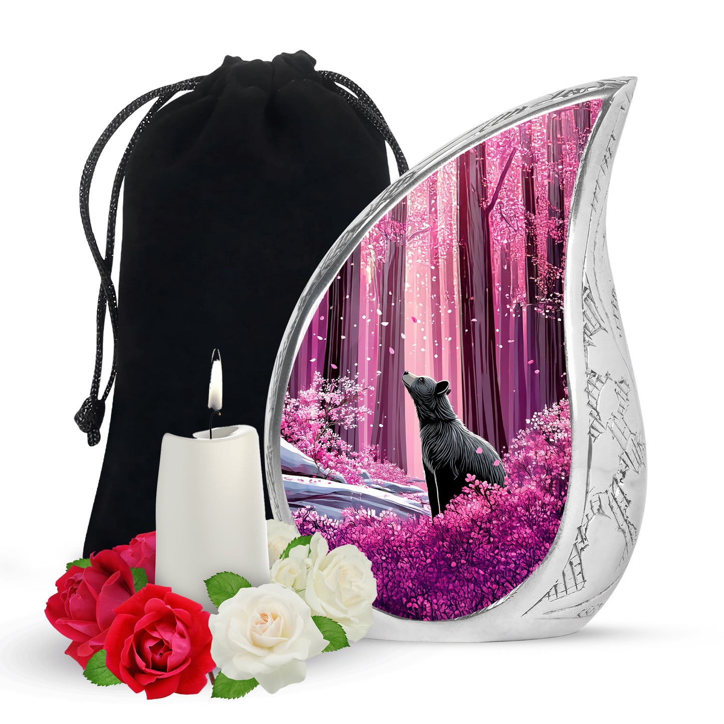 Petal Pink Bear Cremation Urn front view showing detailed design - smooth teardrop contour featuring bear art - full-size 10 inch 200 cubic inch adult cremation urn