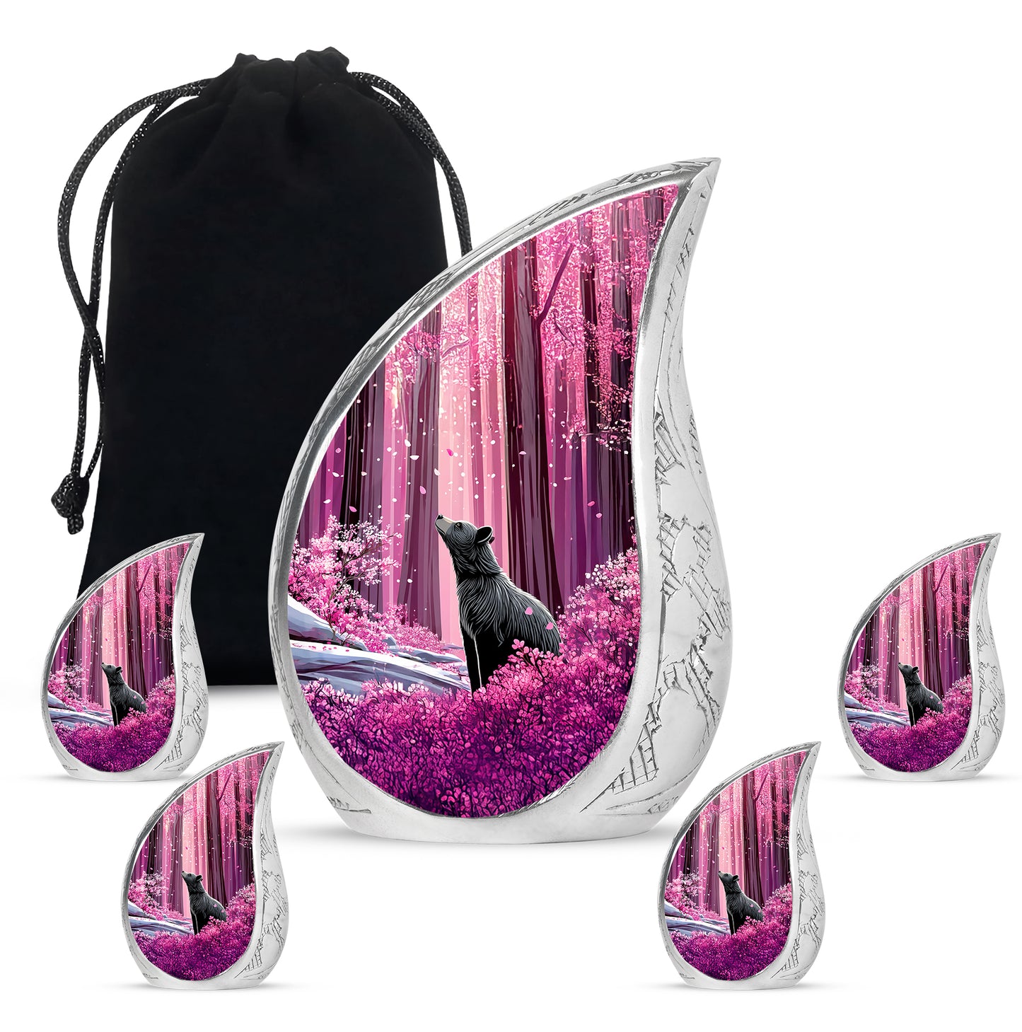 Pastel Pink Bear Cremation Urn side profile showing urn shape - flowing teardrop bear silhouette on curved aluminum - memorial set with one large and four small urns