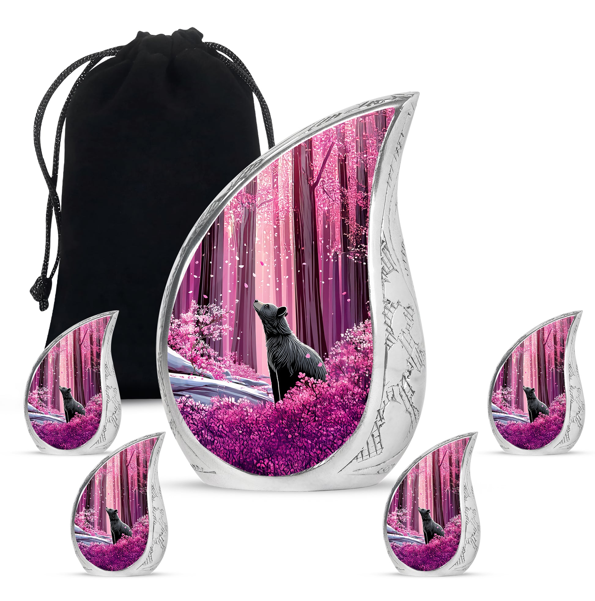 Pastel Pink Bear Cremation Urn side profile showing urn shape - flowing teardrop bear silhouette on curved aluminum - memorial set with one large and four small urns