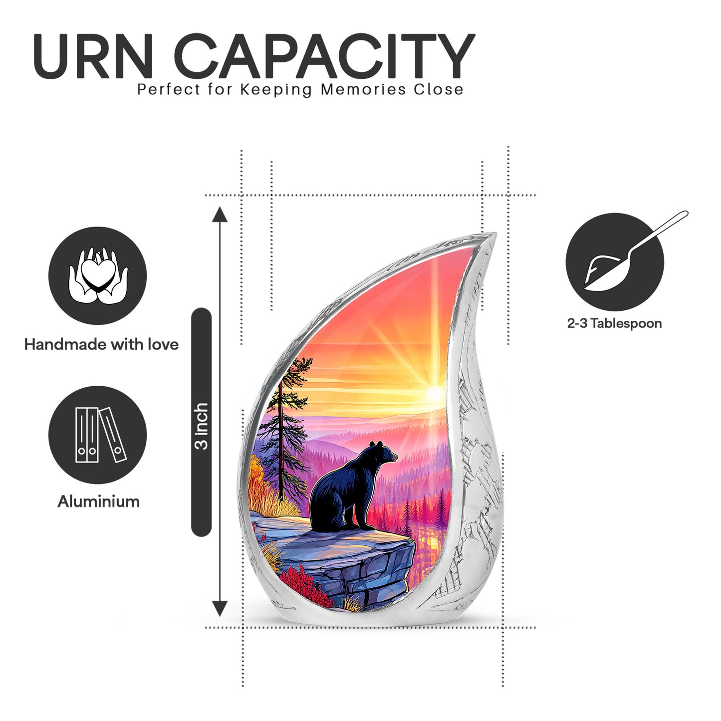 Fiery Red Bear Cremation Urn angled view of lid and engraved motif - smooth teardrop contour featuring bear art - mini keepsake memorial for portion of cremation ashes