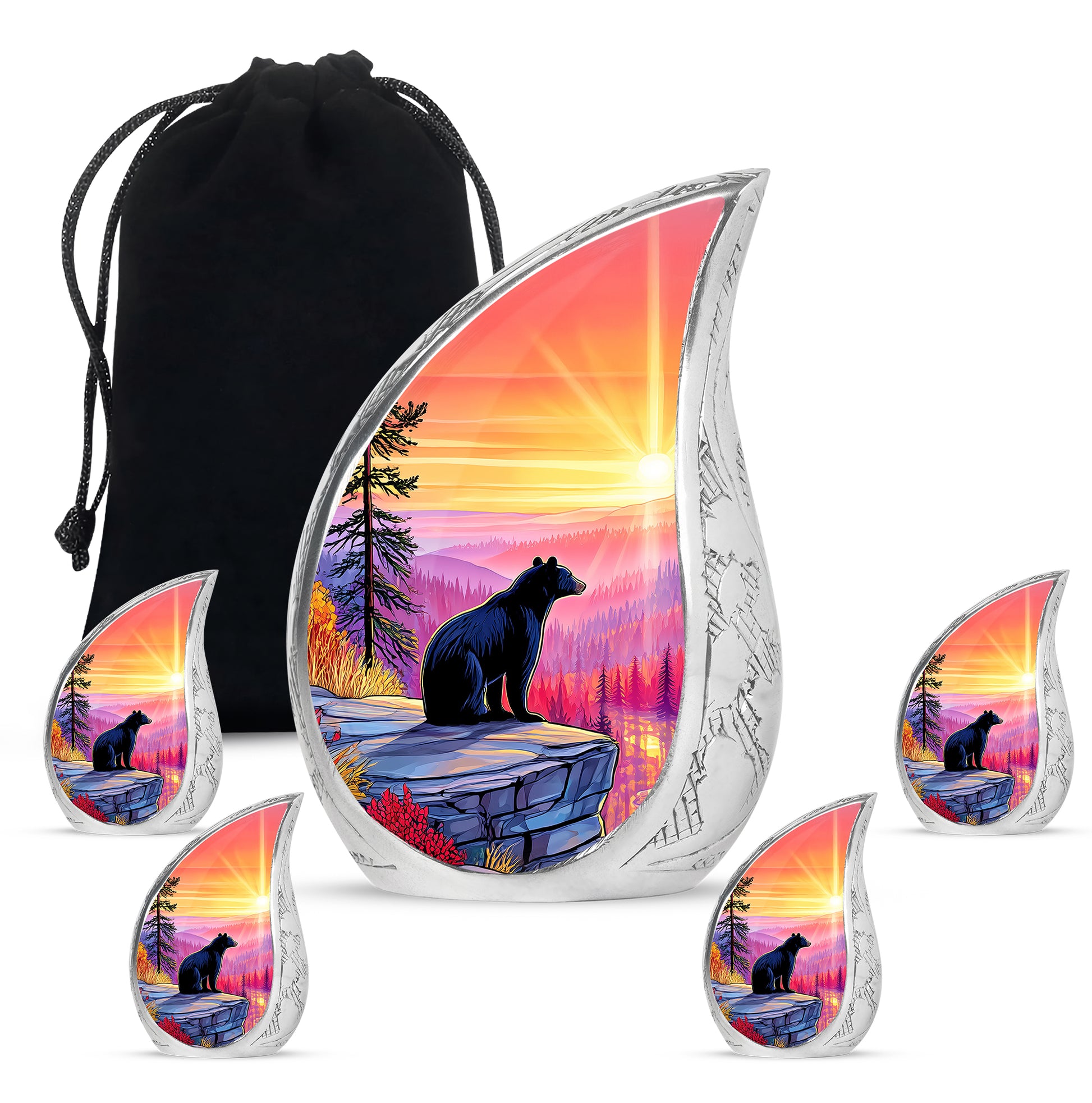 Rich Red Bear Cremation Urn side profile showing urn shape - graceful tear-shaped urn with bear motif - memorial set with one large and four small urns