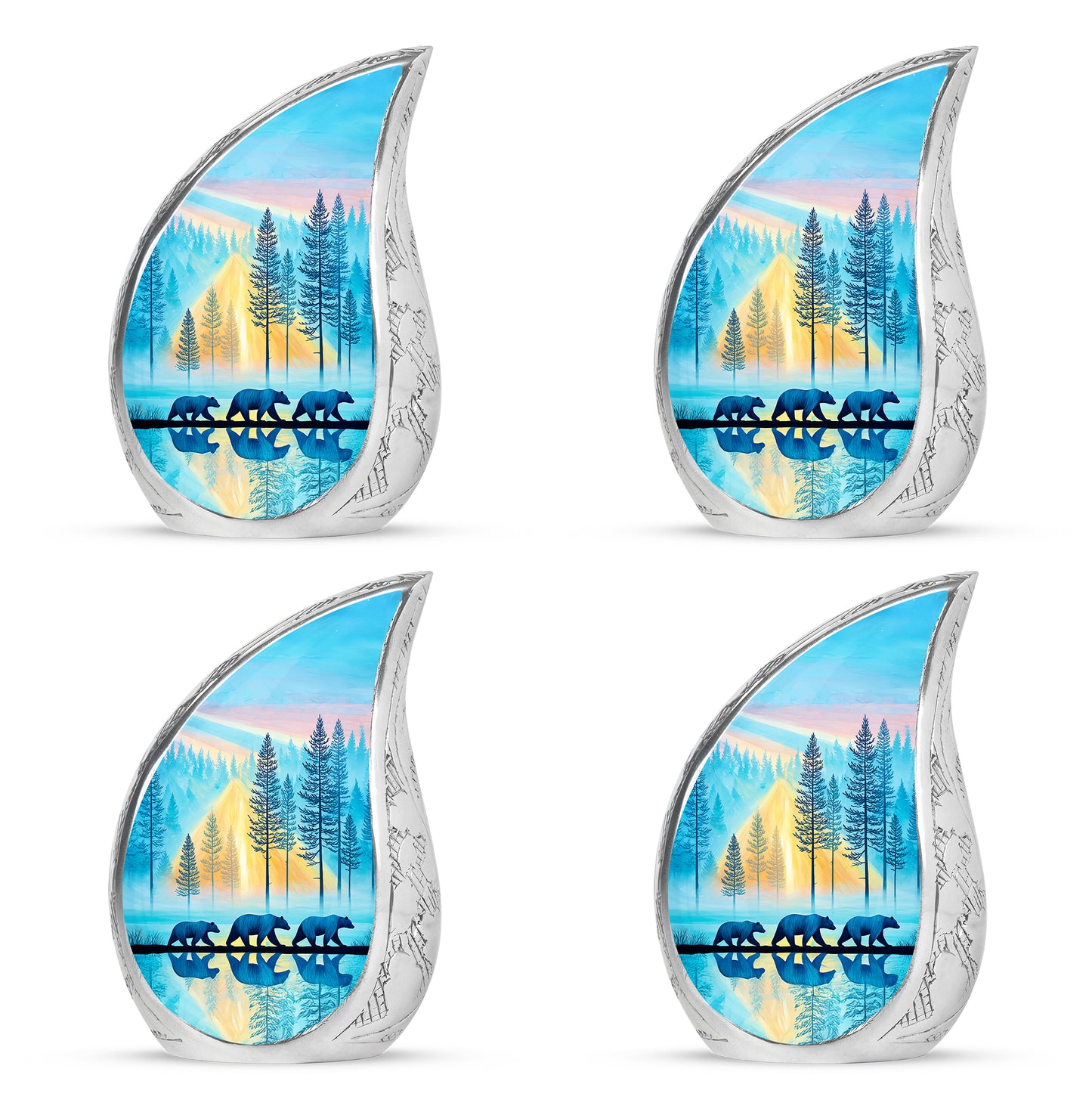 Deep Teal Bear Cremation Urn close-up of engraving and surface detail - smooth teardrop contour featuring bear art - 10 inch aluminum urn for cremated remains