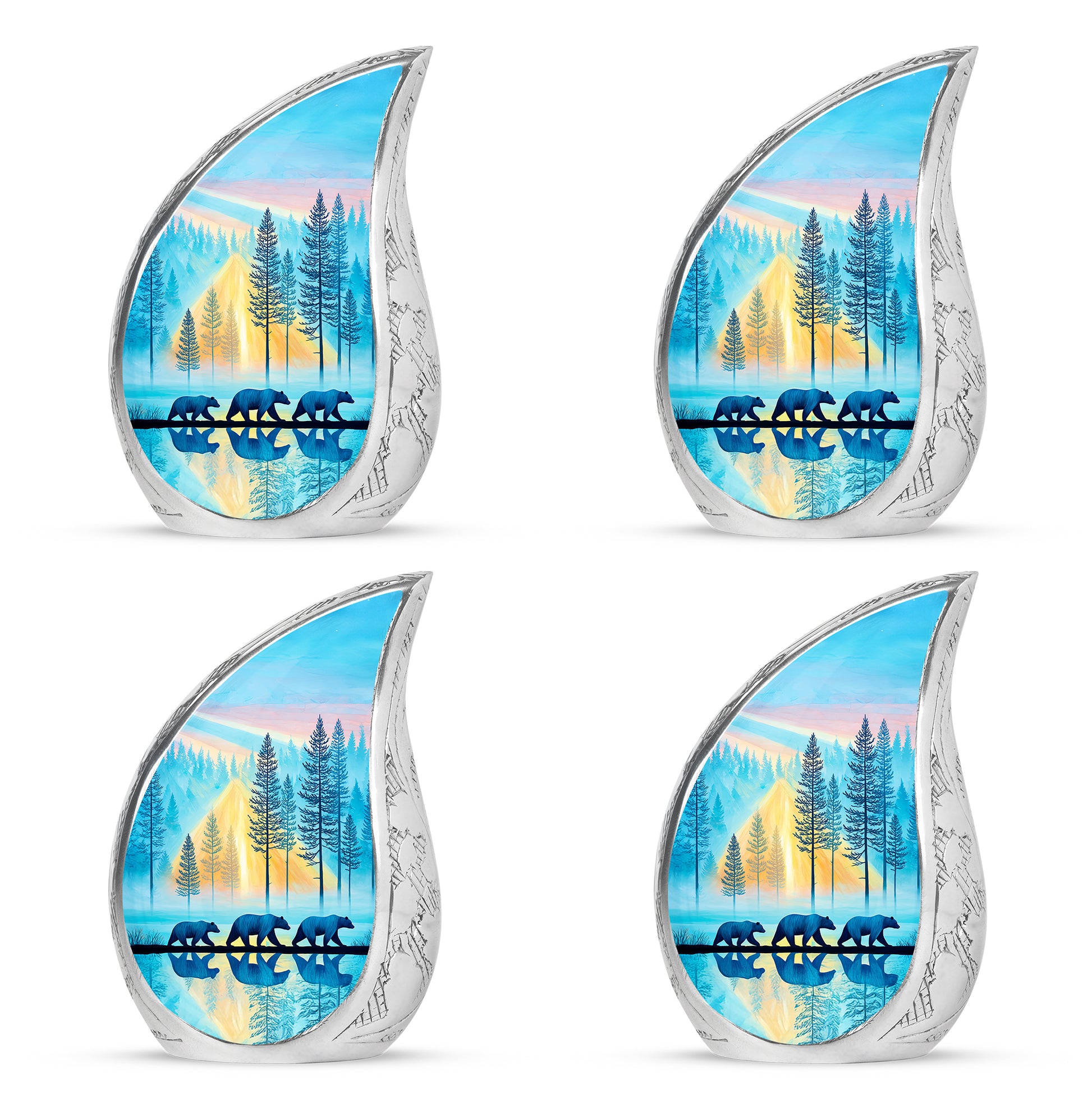 Deep Teal Bear Cremation Urn close-up of engraving and surface detail - smooth teardrop contour featuring bear art - 10 inch aluminum urn for cremated remains