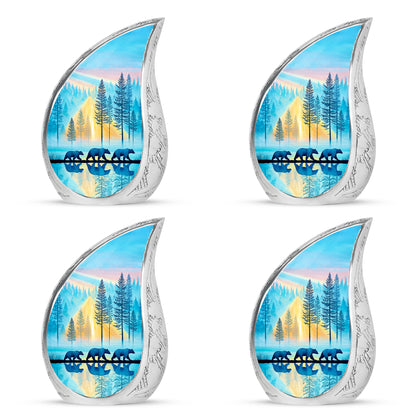 Deep Teal Bear Cremation Urn close-up of engraving and surface detail - smooth teardrop contour featuring bear art - 10 inch aluminum urn for cremated remains