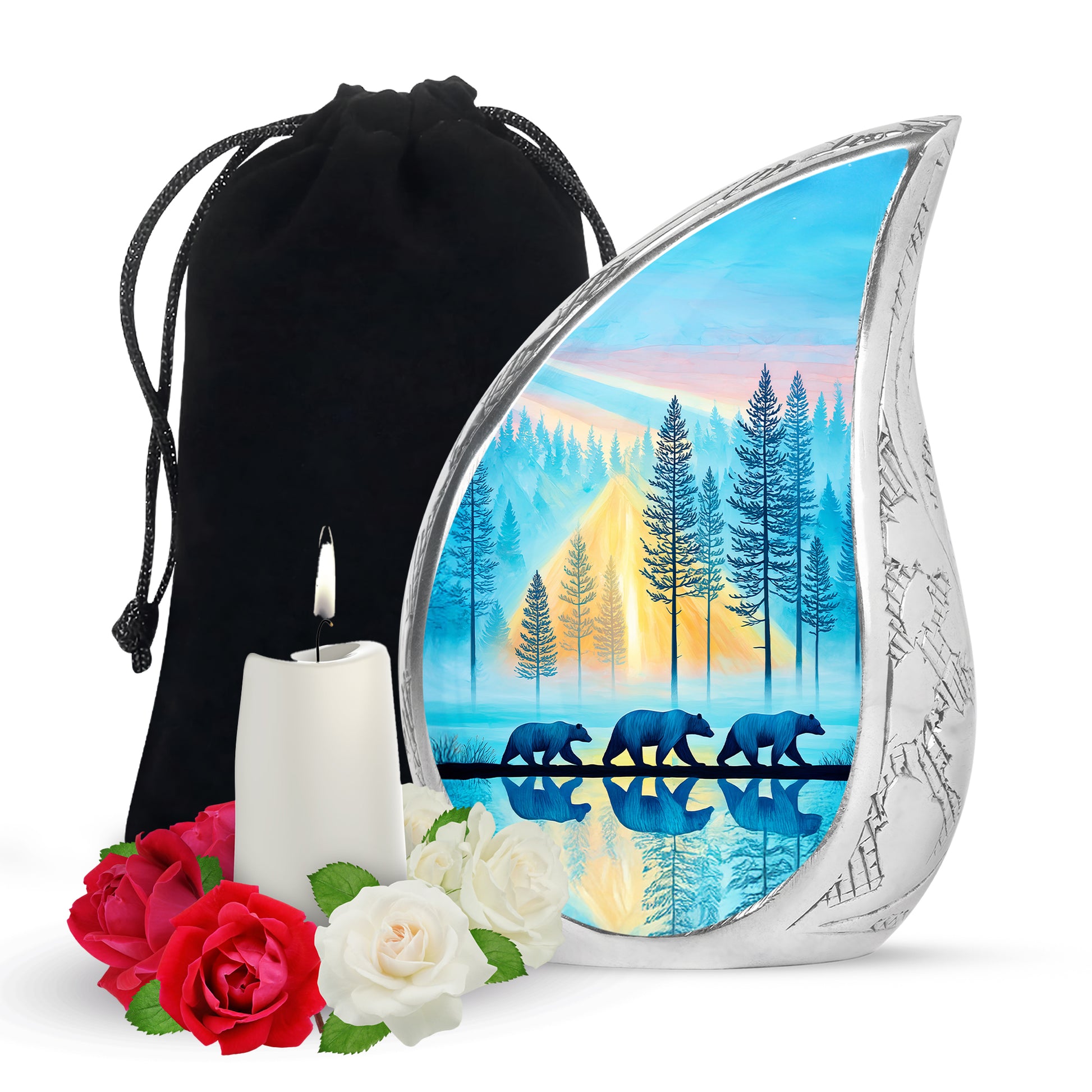 Sea Green Teal Bear Cremation Urn front view showing detailed design - rounded teardrop bear design with delicate detail - full-size 10 inch 200 cubic inch adult cremation urn